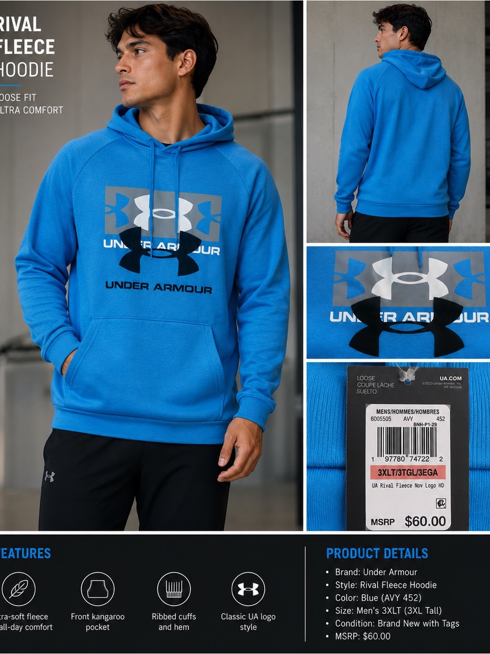 Under Armour Blue Rival Fleece Hoodie with Logo